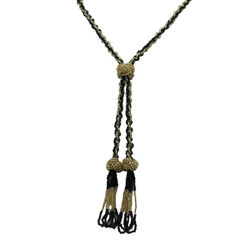 Vintage long seed bead flapper style black n gold necklace - Picture 4 of 11